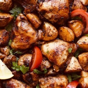 Juicy paprika chicken with roasted potatoes and fresh herbs, perfect for oven or air fryer cooking.
