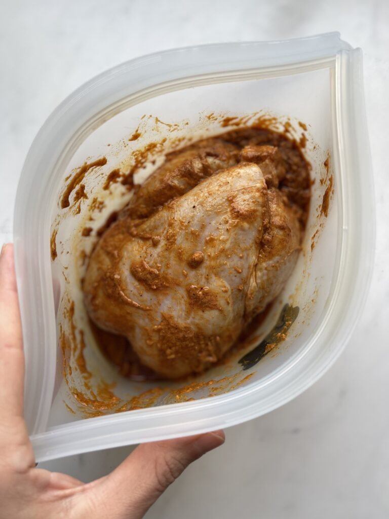 middle eastern marinated chicken in reusable zip top bag