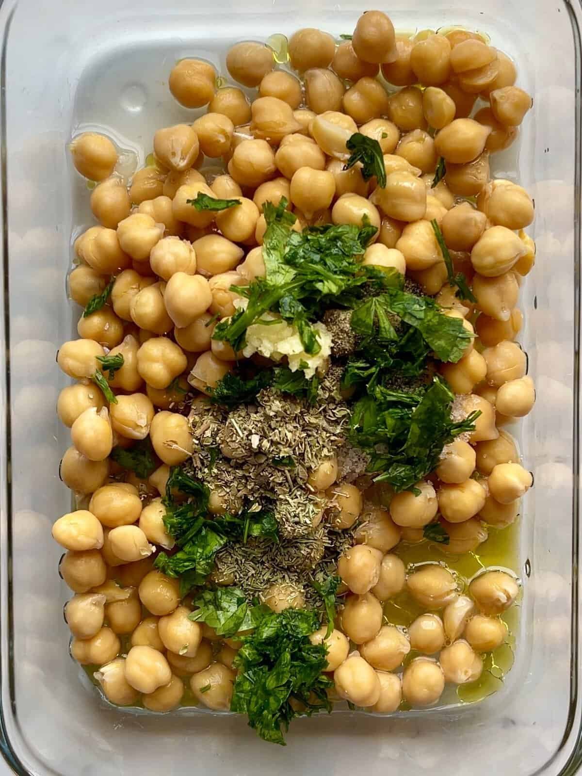 lemon herb marinated chickpeas in bowl