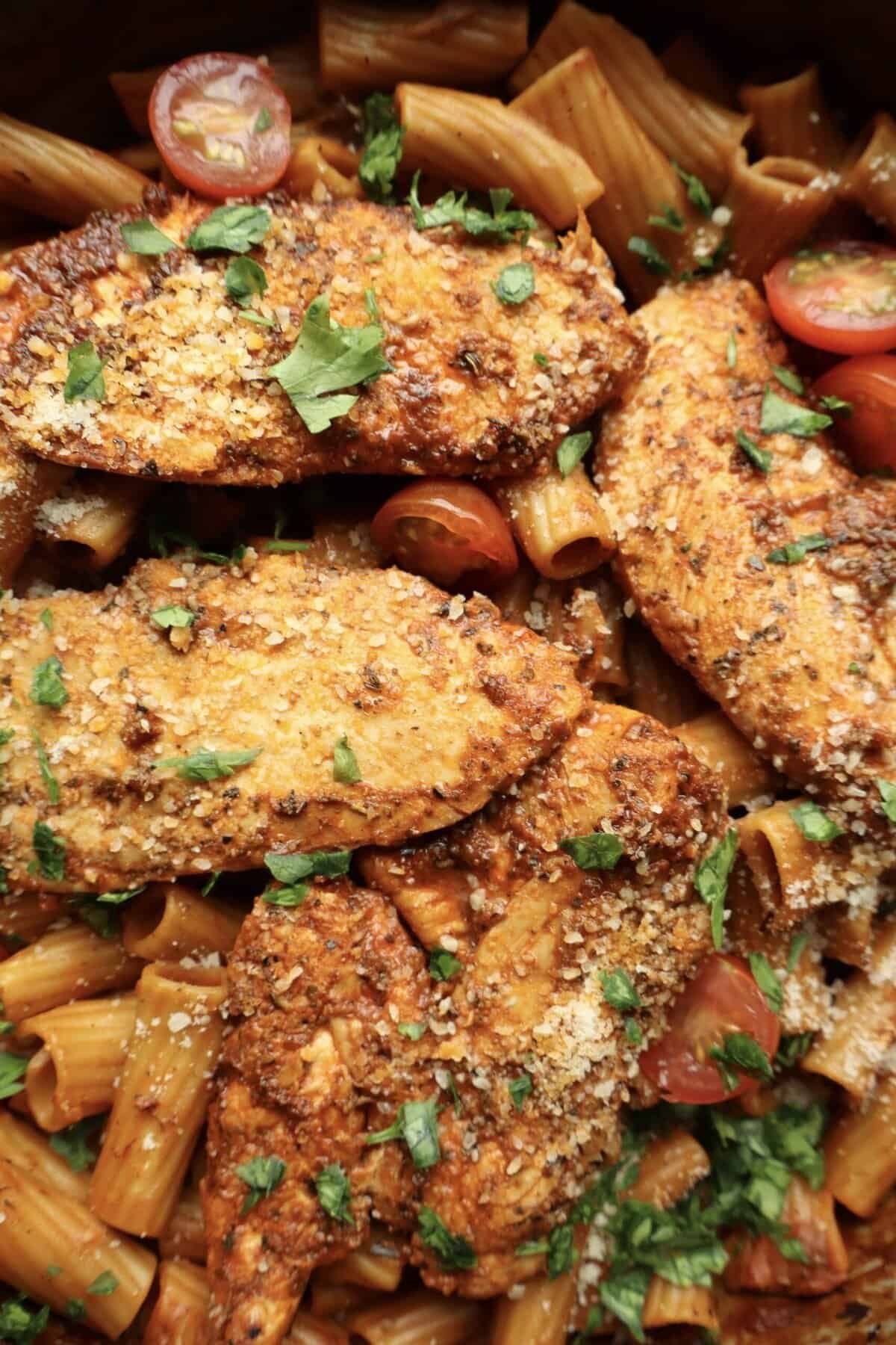 Juicy Italian chicken breasts with herb marinade and crispy breadcrumb coating.