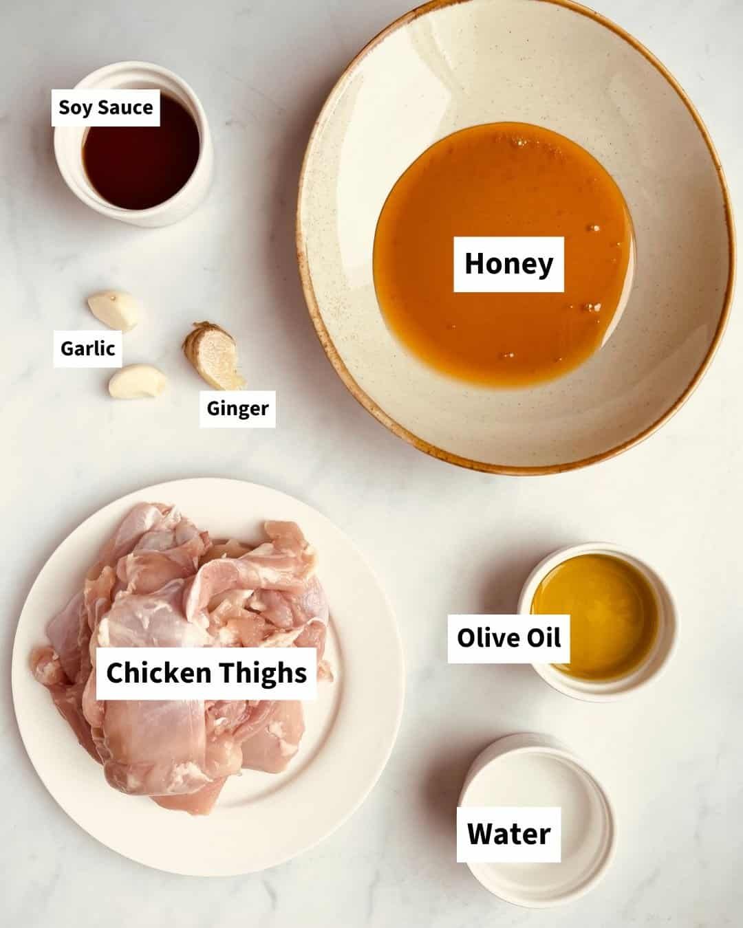 ingredients for honey garlic chicken marinade laid out on table before cooking