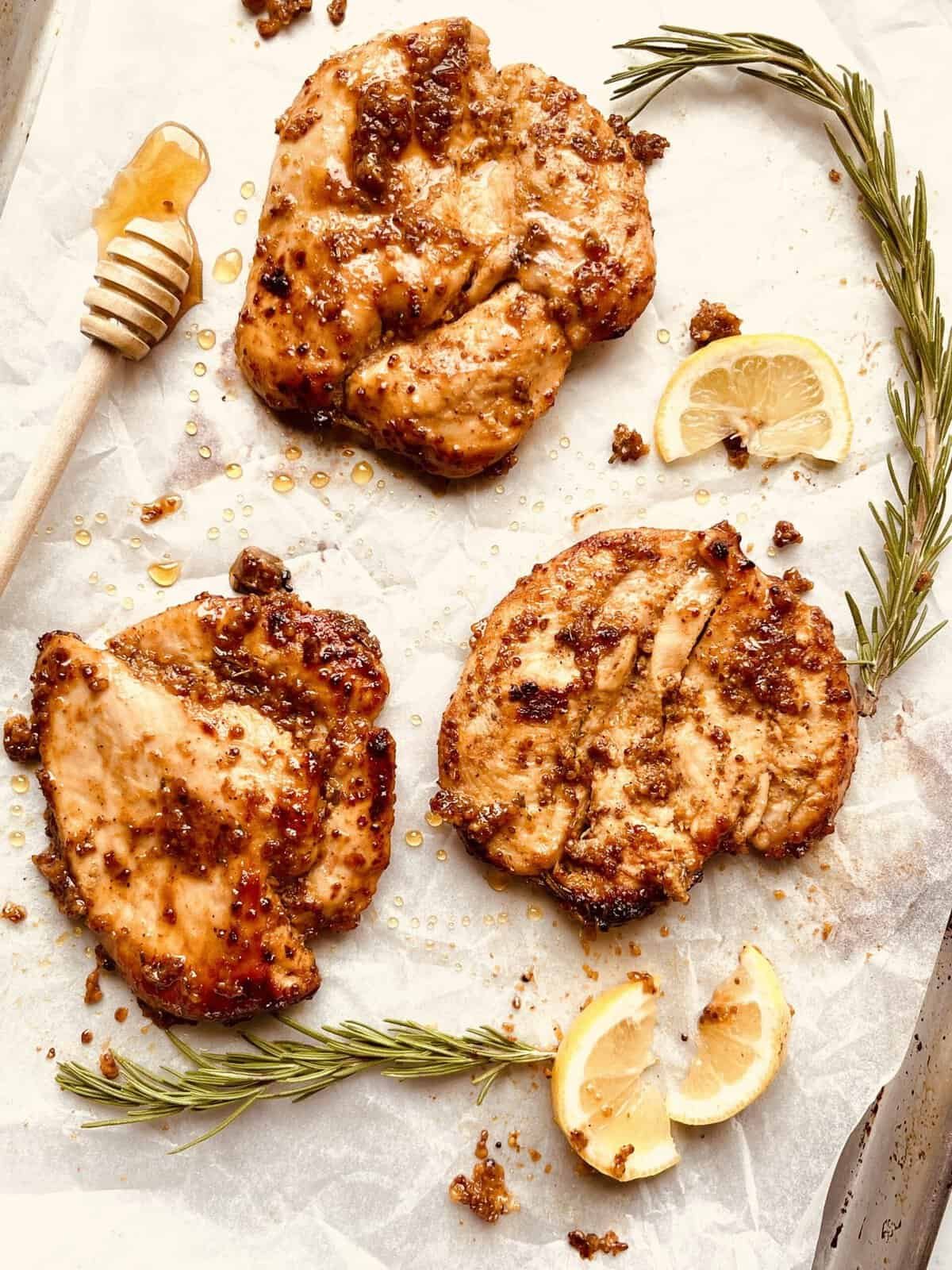 Juicy honey mustard chicken breasts grilled or baked with flavorful marinade. 