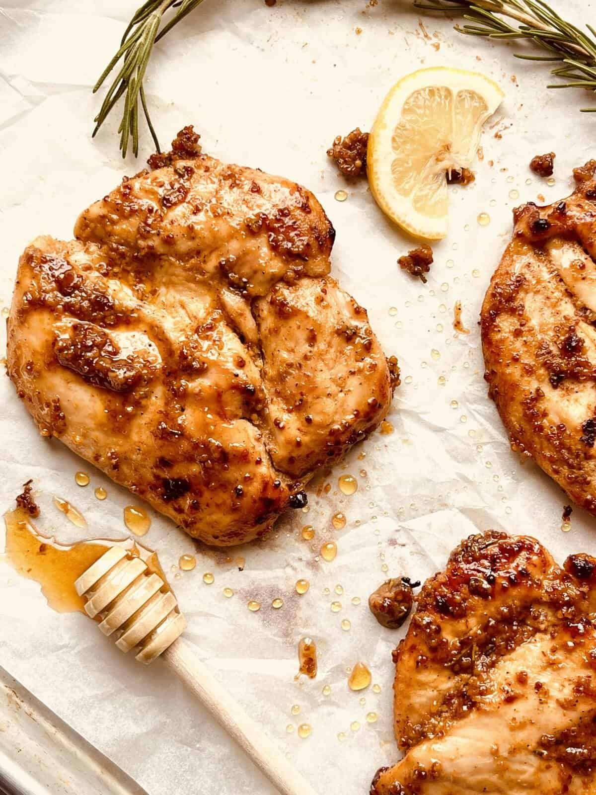 Juicy honey mustard chicken breasts grilled with a flavorful marinade.
