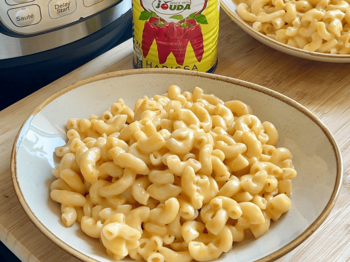 Creamy mac and cheese with harissa in an Instant Pot, served in white bowls for a quick and flavorful meal.