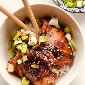 Succulent glazed chicken thighs with green onions served over rice in a white bowl. Perfect for quic.