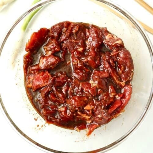 Sliced beef marinated in Gochujang sauce for Korean-style dishes.