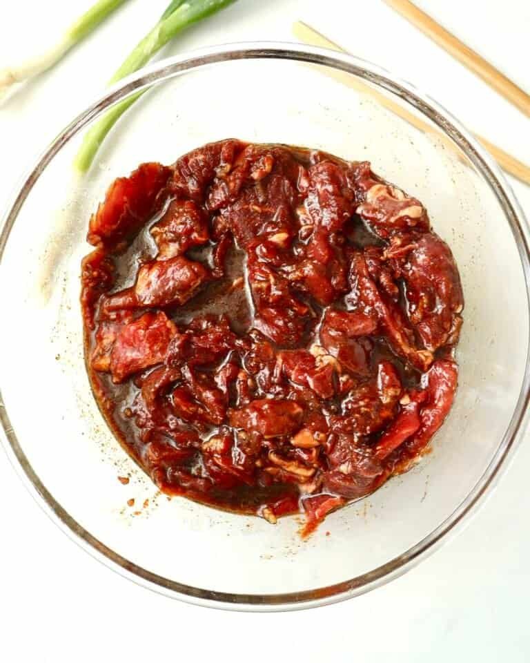 Sliced beef marinated in Gochujang sauce for Korean-style dishes.