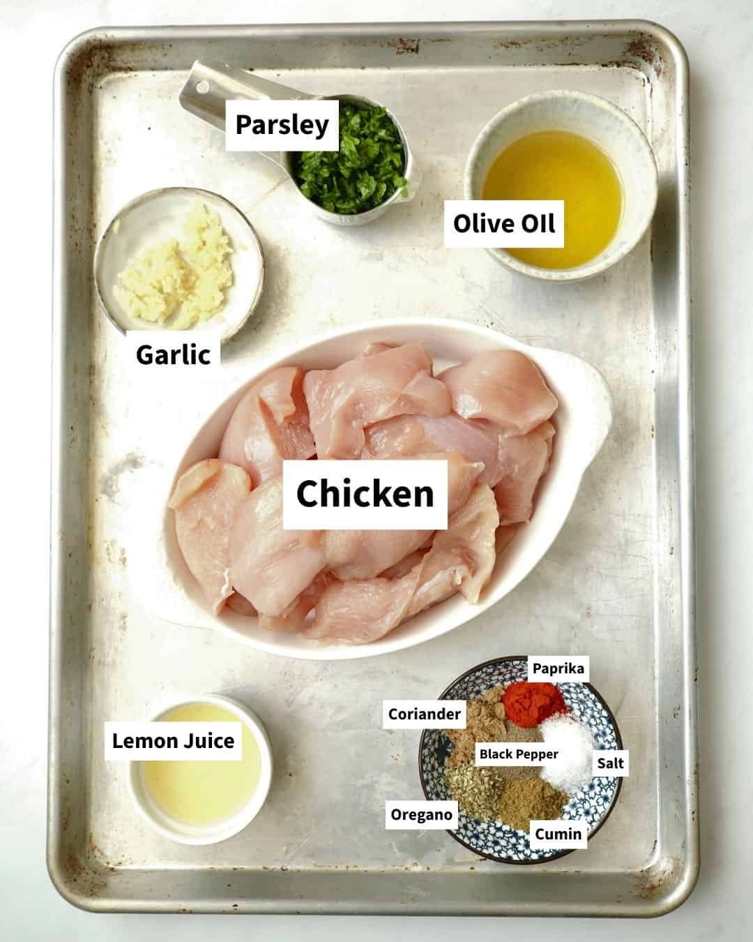 Mediterranean Herb Chicken Marinade Ingredients On Tray Labelled