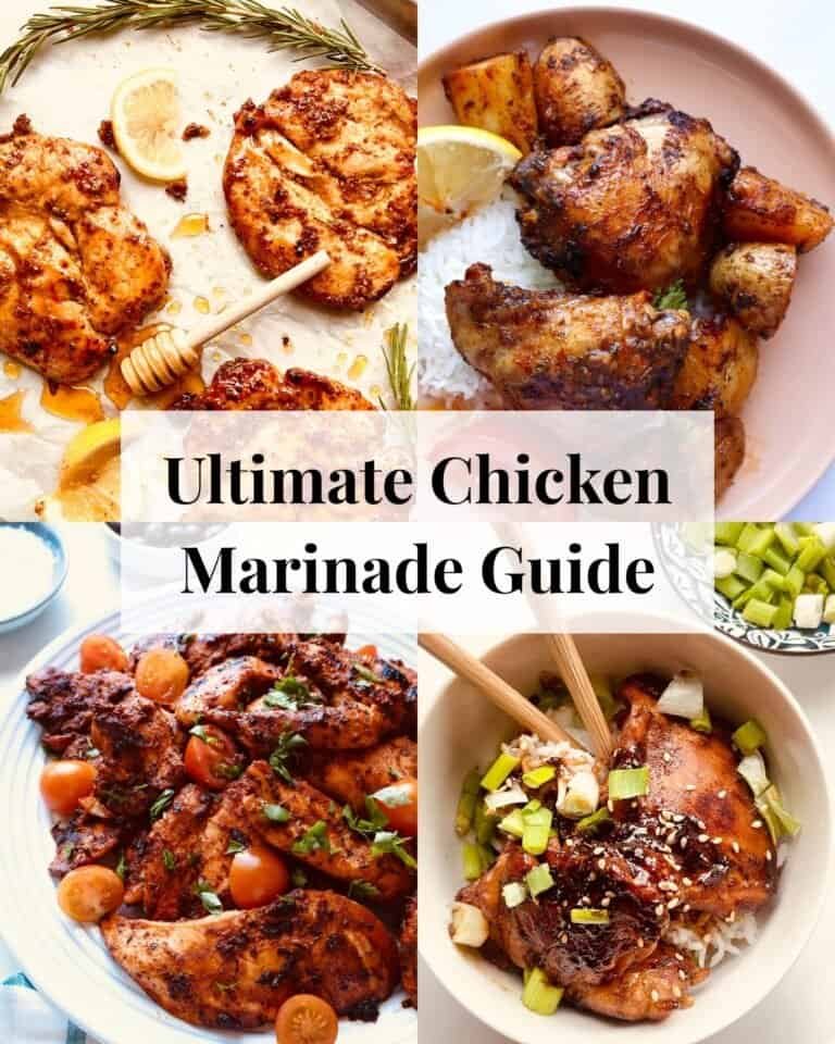 Golden grilled chicken pieces with herbs and lemon slices, perfect for marinade recipes.