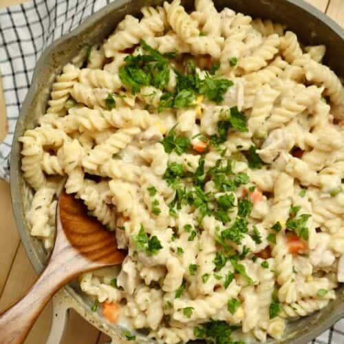 One Pot Chicken Alfredo Pasta in a deep skillet topped with Parmesan cheese and fresh parsley.