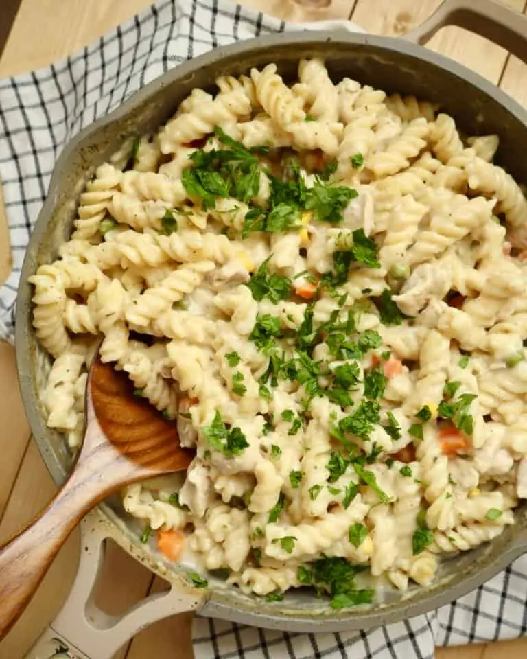 One Pot Chicken Alfredo Pasta in a deep skillet topped with Parmesan cheese and fresh parsley.